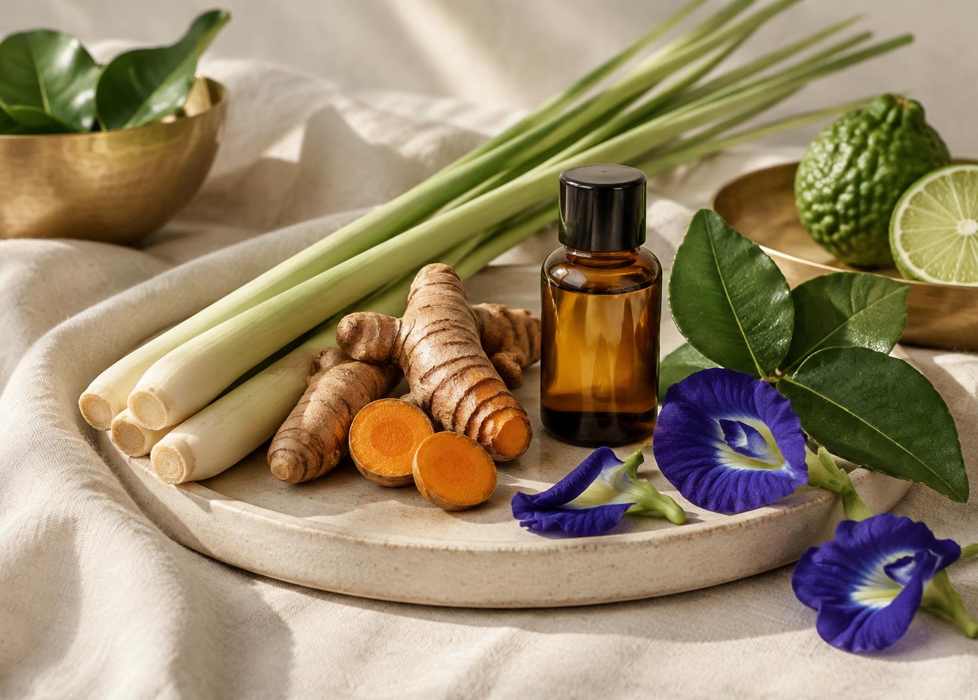 Thai botanicals including lemongrass, turmeric and butterfly pea on warm linen