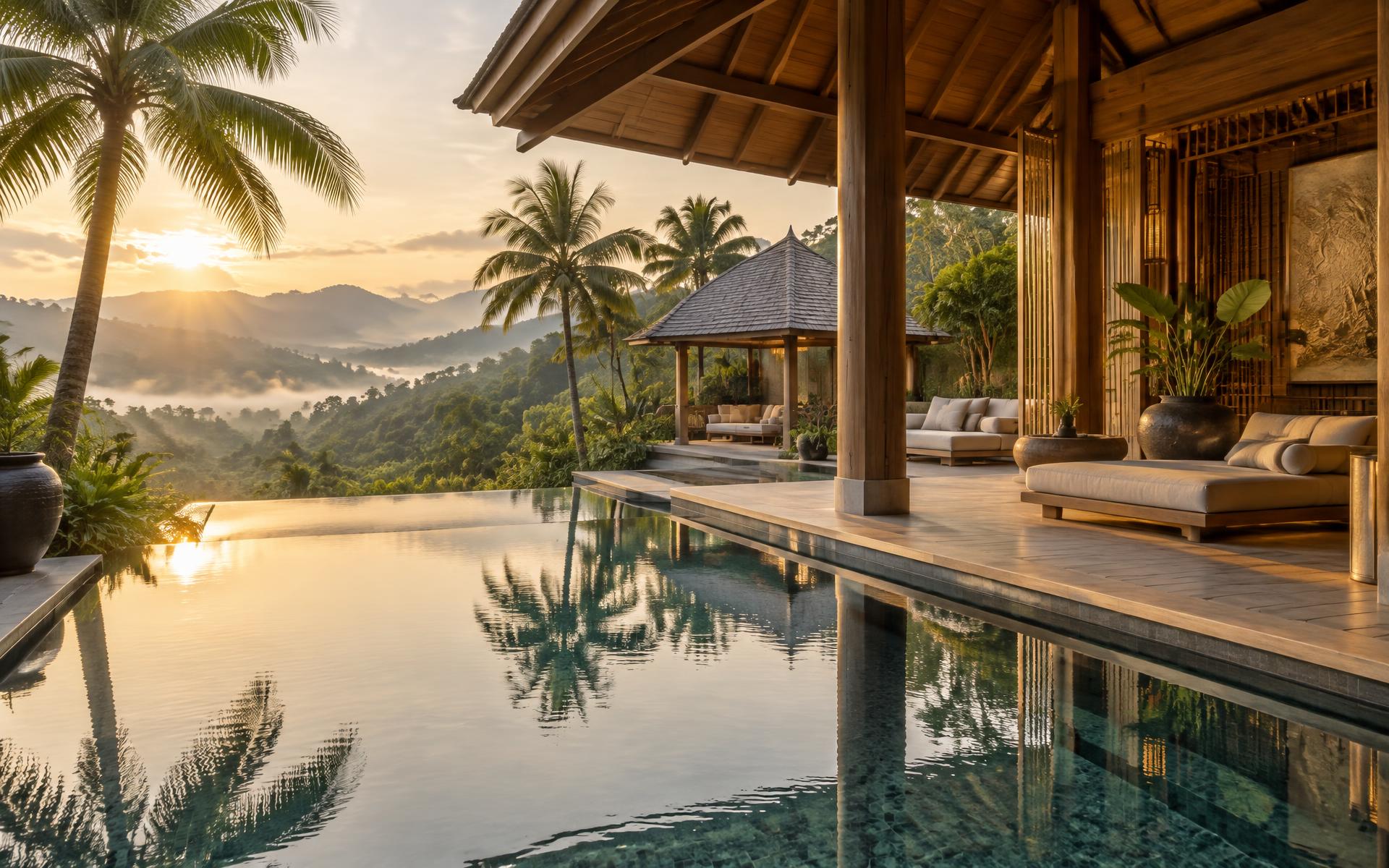Open-air Thai wellness pavilion overlooking misted tropical hills at sunrise